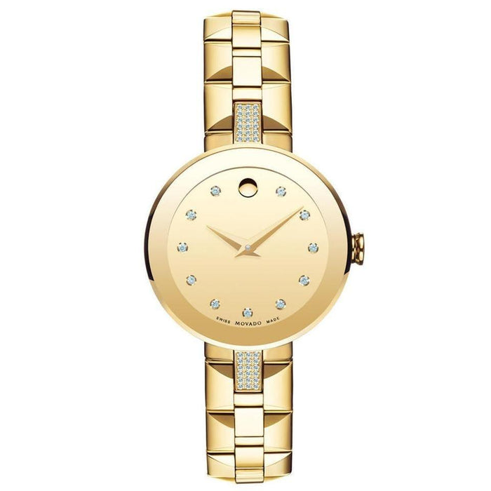 Movado Sapphire Quartz Crystal, Dot Gold-Tone Stainless Steel with Sets of Diamond Watch 0606817 