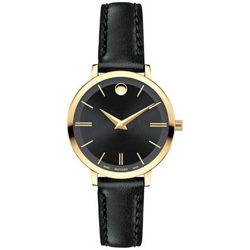 Movado Ultra Slim Quartz Black Leather Watch 0607095 