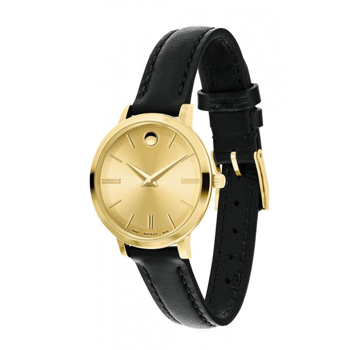 Movado Ultra Slim Quartz Black Leather Watch 0607158 