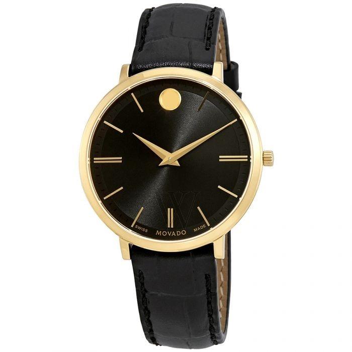 Movado Ultra Slim Quartz Black Leather Watch 0607182 