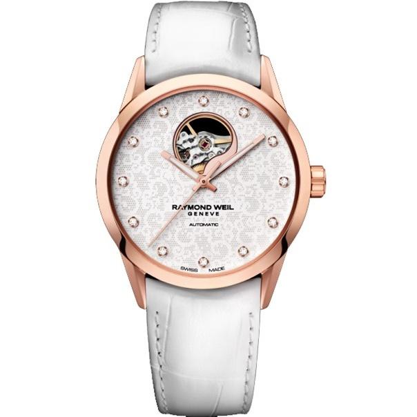 Raymond Weil Freelancer Automatic Diamond Automatic Open Balance Wheel White Leather Watch 2750-PC5-30081 