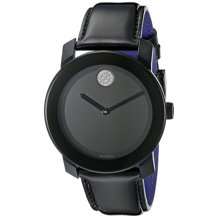 Movado Bold Quartz Crystal Black Leather Watch 3600345 