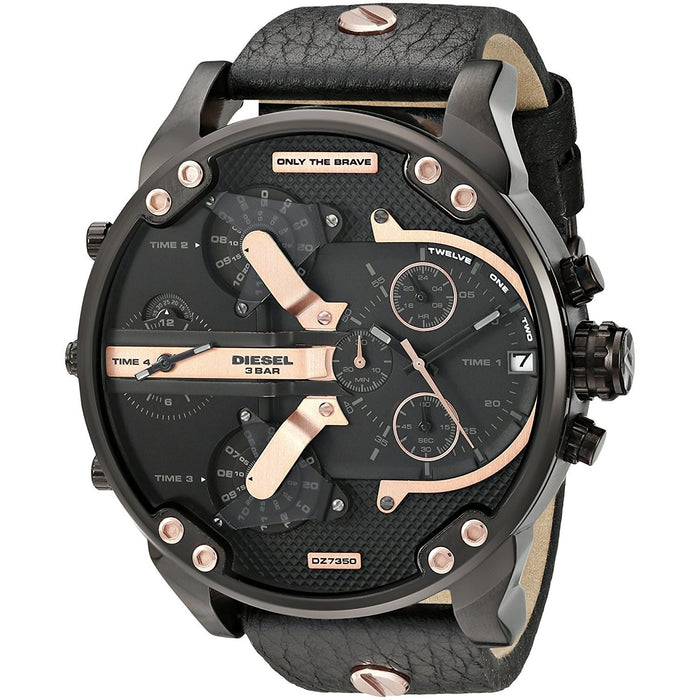 Diesel Mr. Daddy 2.0 Quartz Chronograph 4 Time Zones Black Leather Watch DZ7350 