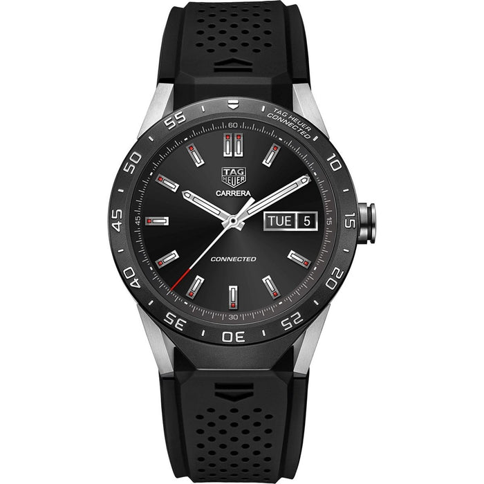 Tag Heuer Connected Quartz Smartwatch Android 4.3+ IOS 8.2+ Bluetooth Gyroscope sensor Haptic engine Microphone Black Rubber Watch SAR8A80.FT6045 