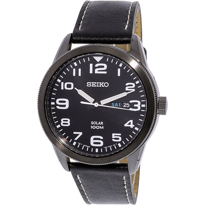 Seiko Solar Quartz Black Leather Watch SNE477 