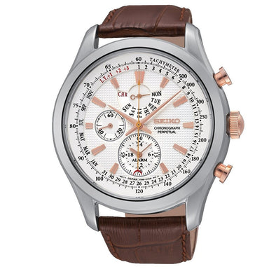 Seiko Neo Quartz Chronograph Alarm Perpetual Brown Leather Watch SPC129 
