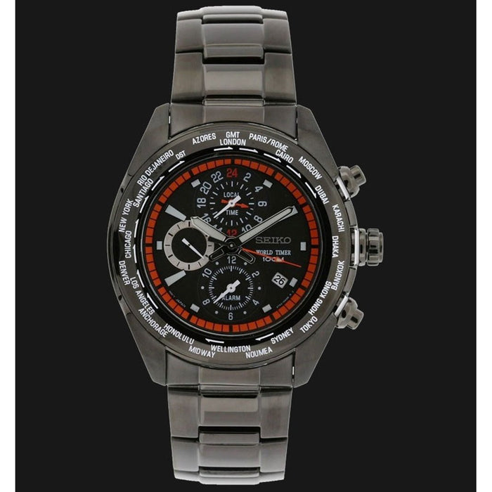 Seiko World Timer Quartz Chronograph Black Stainless Steel Watch SPL037 