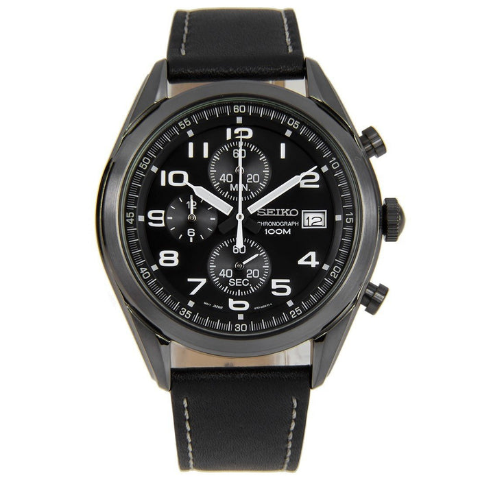 Seiko  Quartz Chronograph Black Leather Watch SSB277 