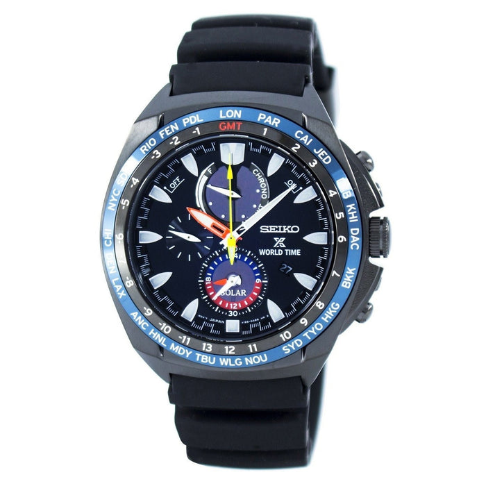 Seiko Solar Solar Chronograph World Time Black Silicone Watch SSC551 