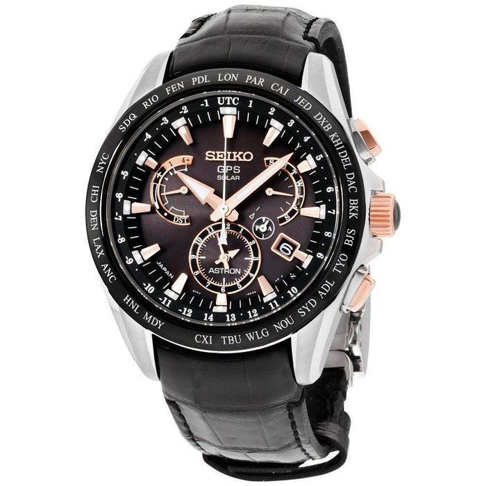 Seiko Astron GPS Solar Solar Chronograph World Time Black Leather Watch SSE061 