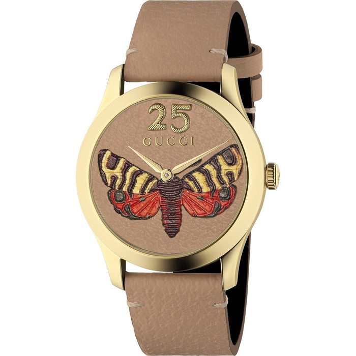 Gucci G-Timeless Quartz Embroidered Butterfly Design Brown Leather Watch YA1264063 