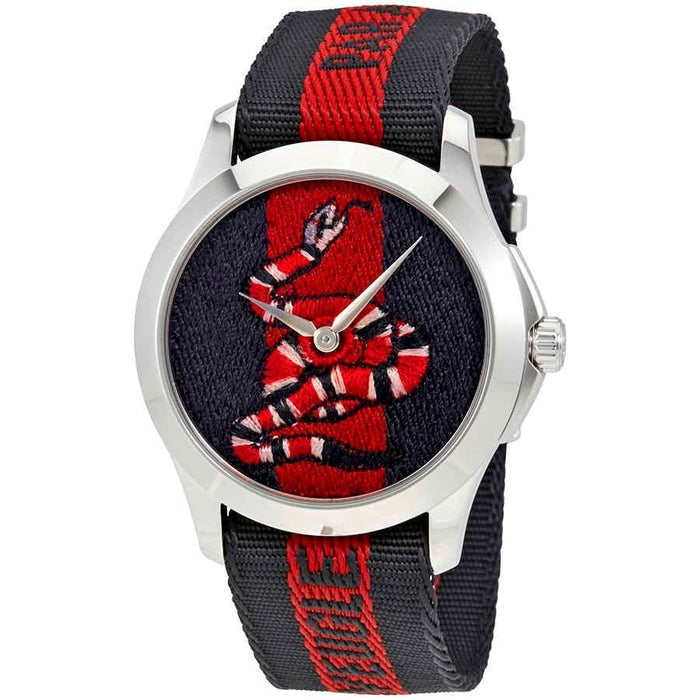 Gucci Le Marches des Marveilles Quartz Embroidered Kingsnake Red and Blue Nylon Watch YA126493 