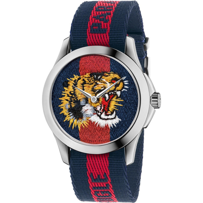 Gucci Le Marches des Marveilles Quartz Embroidered Tiger Red and Blue Nylon Watch YA126495 