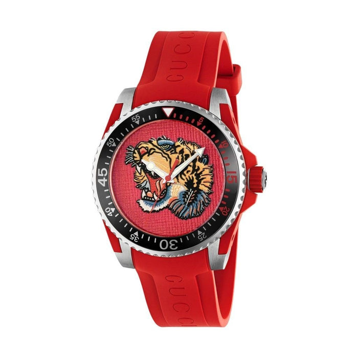 Gucci Dive Quartz Embroidered Tiger Red Rubber Watch YA136315 
