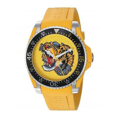 Gucci Drive Quartz Embroidered Tiger Yellow Rubber Watch YA136317 